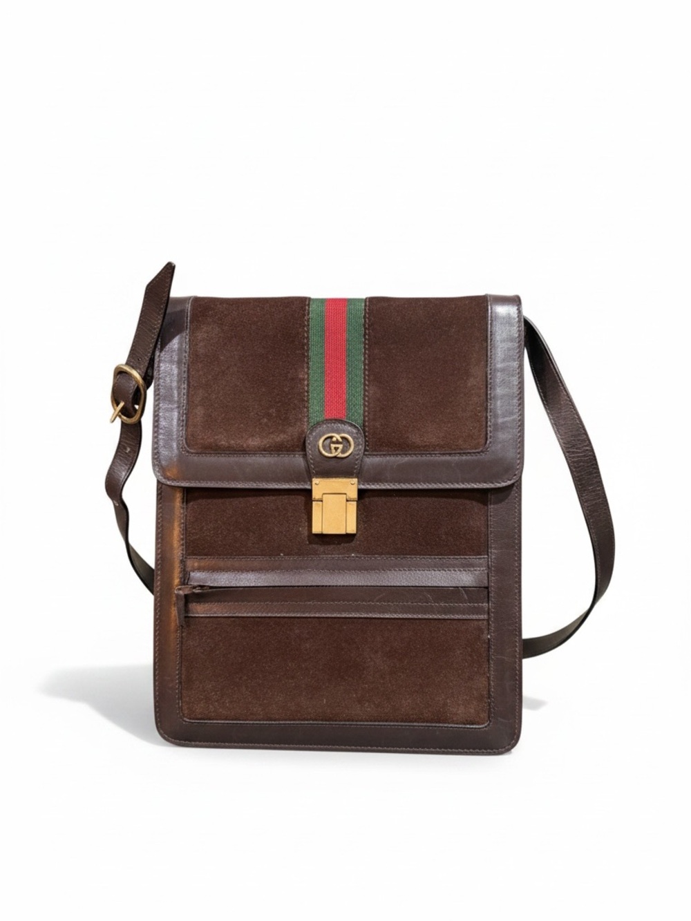 Vintage Gucci Brown Suede Web Stripe GG Messenger Crossbody Bag